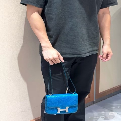 HERMES 伊茲密爾藍鱷魚皮康康肩背斜背包 19*15*4 99新配件塵袋 購證