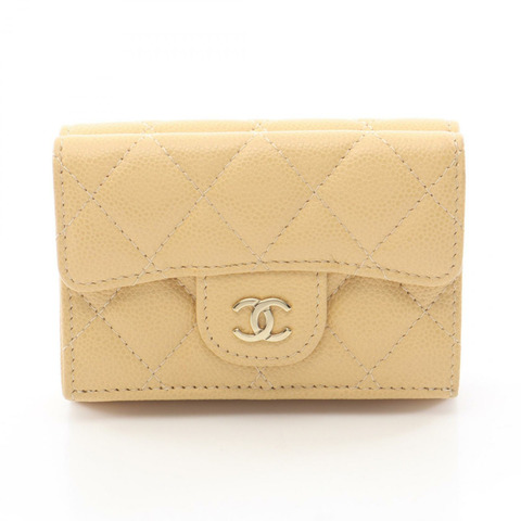 CHANEL 經典小號翻蓋錢包 Matelasse AP0230 皮革 米色 二手 GHW GHW CC