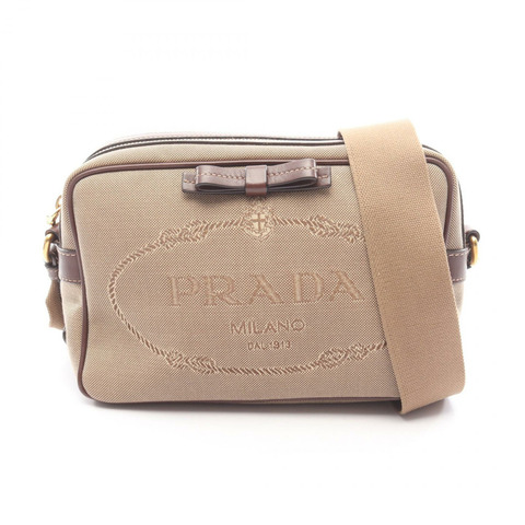 PRADA LOGO JACQUARD 斜背肩背包 1BH089 帆布皮革 米色 二手