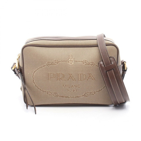 PRADA LOGO JACQUARD 單肩斜背包 1BH089 帆布皮革 灰色棕色 二手