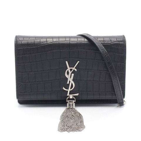 SAINT LAURENT PARIS Kate 流蘇鱷魚紋壓花單肩包 452159 黑色皮革 二手 女士