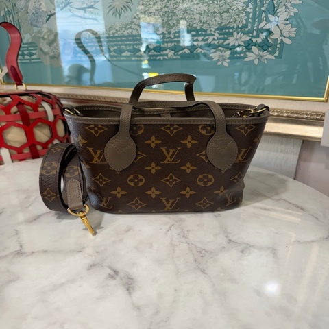 LV 原花拼褐灰牛皮Neverfull Bandouliere Inside Out BB金釦雙面手提肩斜背包M12109
