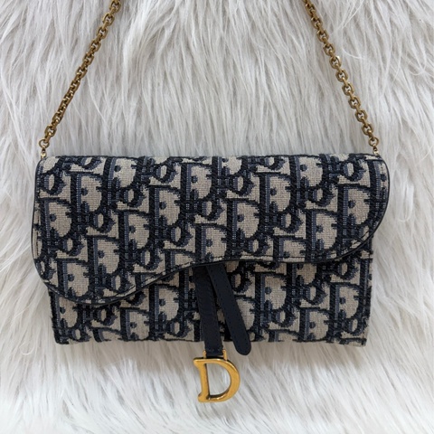 DIOR S5614 Saddle 藍緹花 金釦 woc 長夾