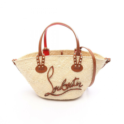Christian Louboutin CABATA MINI Spike Stud 2WAY 手提包 12553086370 皮革拉菲草 米色 棕色 全新 女士