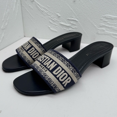 Dior迪奧Dway深藍色字母logo刺繡粗跟一字拖鞋，尺碼38碼，跟高3.5cm