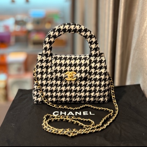 Chanel Kelly Nano黑金千鳥格鏈條斜挎包 *