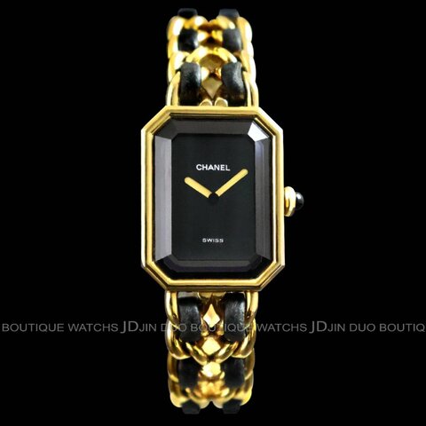 金鐸精品~2559 CHANEL香奈兒H0001 PREMIERE首映系列 L號皮革穿金鍊帶黑色面盤 石英女用腕錶