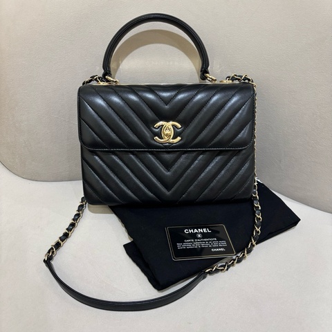 Chanel香奈兒 trendycc黑金V紋羊皮手提單肩斜挎包