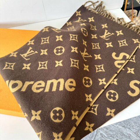 Louis Vuitton Supreme 聯名 經典 焦糖色 羊毛 羊絨 流蘇 圍巾 MP1891