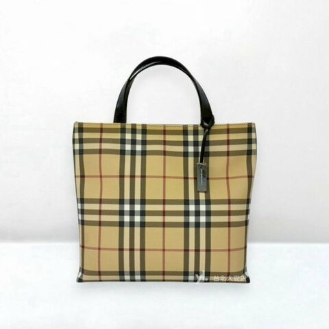 A13277-BURBERRY 經典格紋黑色牛皮手把直立托特包