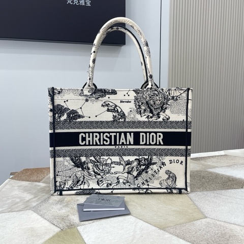 迪奧/Dior Book Tote 奶白色和黑色 Dior Zodiac 圖案刺繡 托特包手提包購物袋