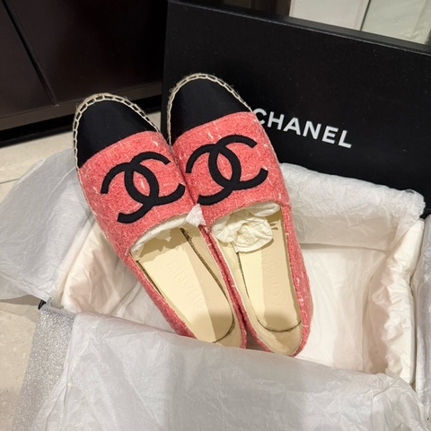 Chanel 香奈兒 經典大雙C漁夫鞋/平底鞋/粉色款/毛呢black pink/36號/全新閒置美品