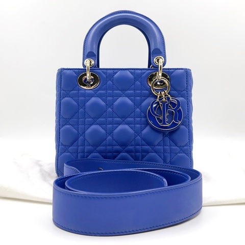 💙 迪奧/Dior  四格戴妃 藤格紋深藍色手提包斜挎包 金扣 尺寸：20*17cm