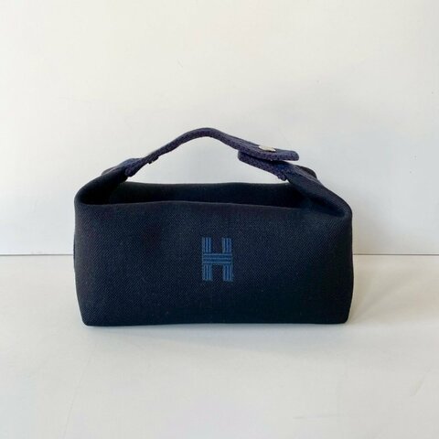 Hermes Trousse Bride 飯盒包 銀扣 小型 黑色 深藍色 帆布 便當包 收納包