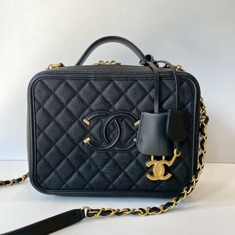 CHANEL 絕版 Vavnity Case 大型 化妝盒包 黑色 荔枝紋 牛皮 菱格 霧金鏈 A93344