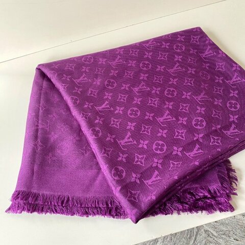 LV Monogram 絕版 深紫色 老花 絲綢 羊毛 披肩 圍巾 M74243