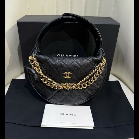 99❤️ Chanel香奈兒24S黑金呼啦圈包 荔枝牛皮 金鏈蝴蝶結 小号。