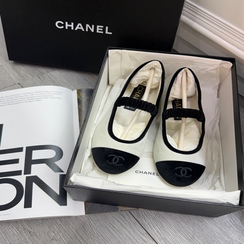 全新香奈兒chanel 平地鞋 芭蕾舞鞋絲絨熊貓配色瑪麗珍 size 36
