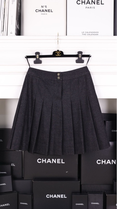 Chanel 01年深灰色羊毛两粒扣百褶裙半裙