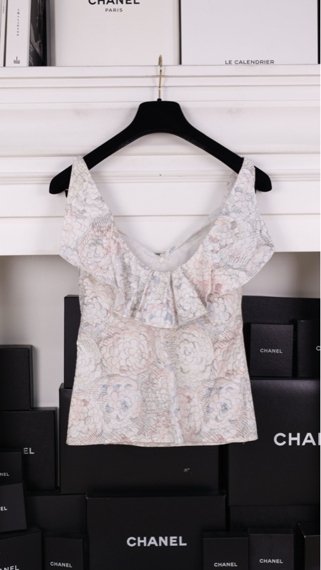 Chanel 10年蓝粉山茶花图案荷叶边翻领背心上衣