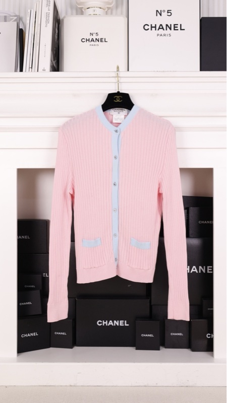 Chanel 97年粉蓝拼色羊毛两口袋针织开衫外套