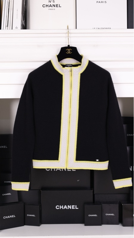 Chanel 03年黑色山羊绒黄灰滚边立领拉链针织开衫外套