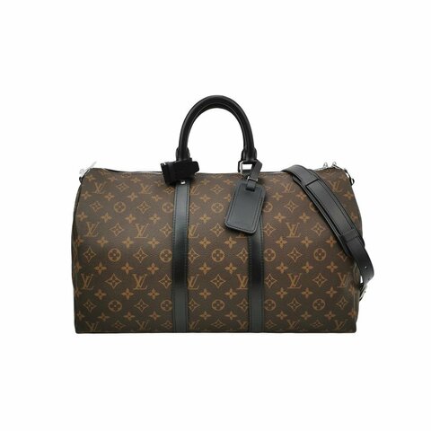 Louis Vuitton (LV) Keepall45牛皮Monogram印花加強飾帶圓筒包肩包行李箱包晶片款
