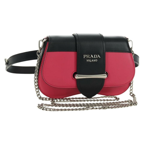 PRADA Sydney 鏈條單肩包 皮革 兩用 黑色 粉紅色 銀色 正品 186637SAM