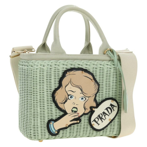 PRADA 藤編兩用手提包 綠色金色 正品 190430SAM