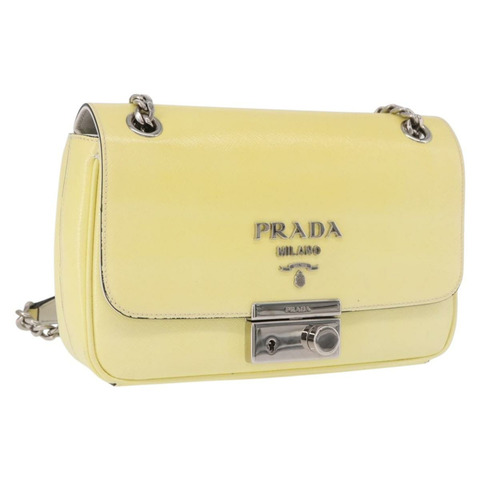 PRADA 鏈條單肩包 Safiano 皮革 黃色 銀色 正品 190027A