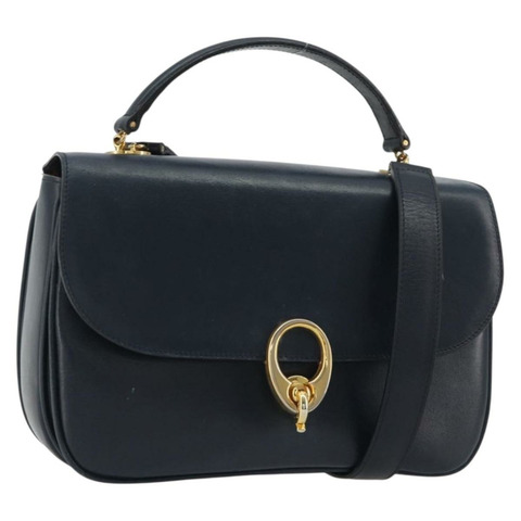CELINE 手提包 皮革 兩用 海軍藍 金色 正品 186644A
