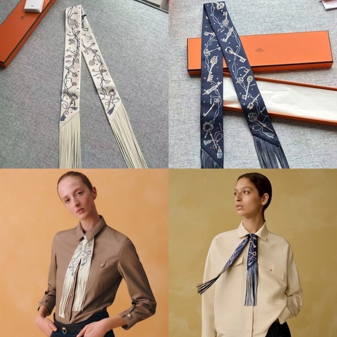 🐑全新 現貨 🧡 Hermes Les Cles a Pois leather fringes Twilly 圓點鑰匙流蘇 小絲巾 🔥🔥🔥