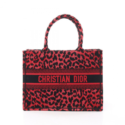Christian Dior BOOK TOTE 中型豹紋帆布包 紅色 黑色 二手 女士