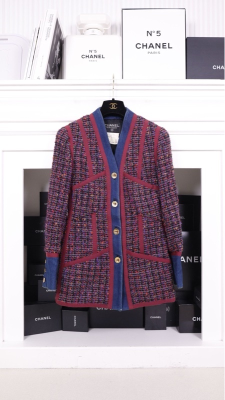 Chanel 91年紫色粗花呢丹宁牛仔滚边四口袋外套