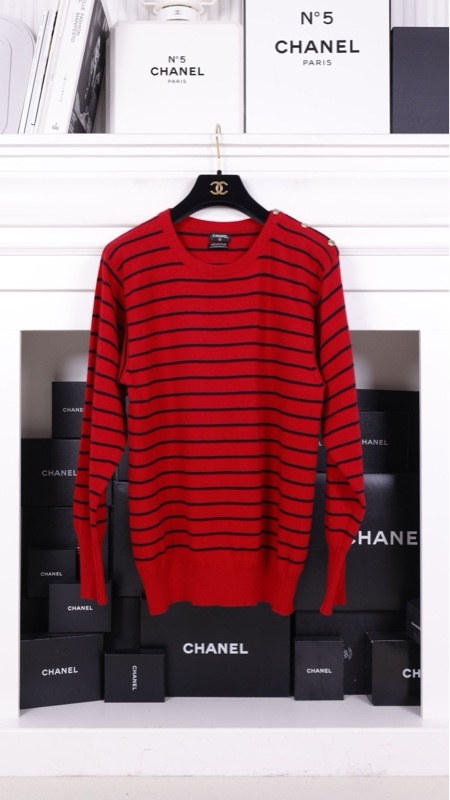 Chanel 红黑条纹针织圆领套头毛衣上衣