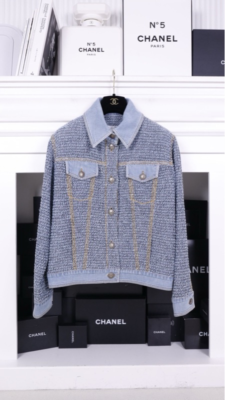 Chanel 18年易烊千玺同款蓝色粗花呢拼丹宁牛仔两口袋外套夹克上衣