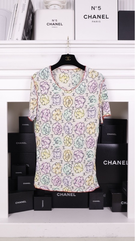 Chanel 98年彩虹山茶花涂鸦T恤短袖上衣