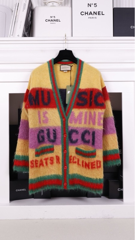 Gucci 100周年纪念款黄色拉绒马海毛字母针织开衫外套