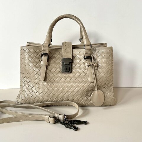 BOTTEGA VENETA ROMA BV 卡其色 皮革 編織 羅馬包 小型 三層 兩用包