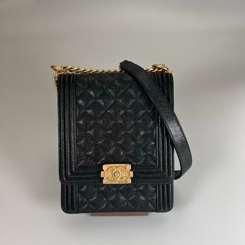 CHANEL BOY直立式金鍊包荔枝黑 AS0130/27開
