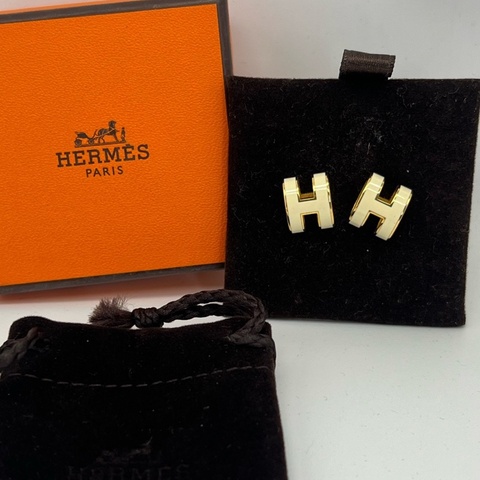HERMES愛馬仕 Pop H系列白金拼色耳釘 有盒子塵袋