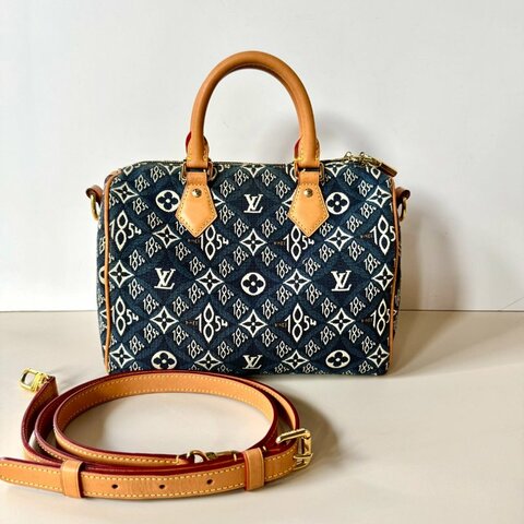 LV SPEEDY 25 限量 1854 單寧藍 緹花 手提 斜背 波士頓包 M57400