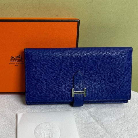 HERMES 愛馬仕 藍色銀扣bearn長款錢包 框O刻 有盒 尺寸17.5*1.5