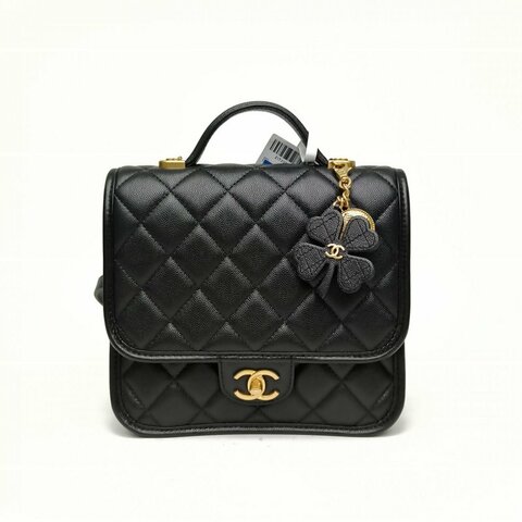 CHANEL 黑色荔枝牛皮晶片金扣25B金幣四葉草雙肩包肩背包