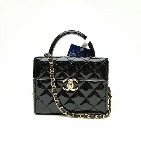 CHANEL 黑色漆皮鐳射標金扣25A手柄盒子包肩背包