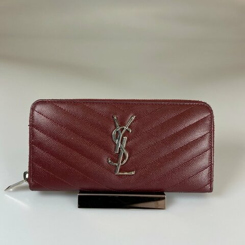 YSL 358094 酒紅色銀扣ㄇ拉長夾