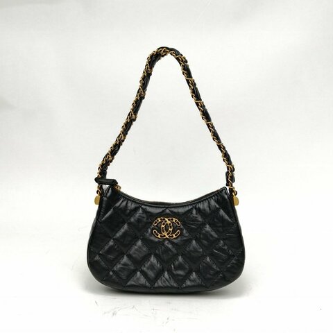 CHANEL 23K19Bag皮穿鏈Hobo腋下包小號黑色牛皮金扣肩背包