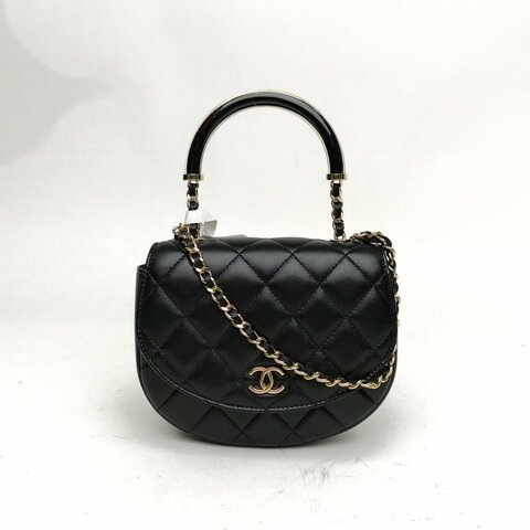 CHANEL 黑色羊皮淺金扣25C亞克力手柄小豬包肩背包