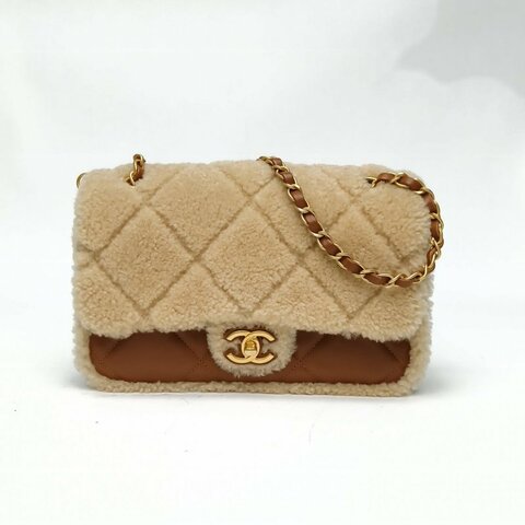 CHANEL 棕色晶片金扣24K泰迪熊CF口蓋包中號肩背包