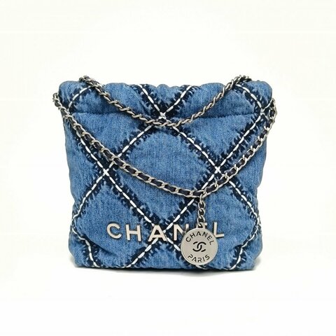 CHANEL 22BagTote托特包Mini牛仔藍牛仔晶片銀扣肩背包